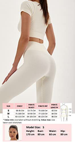 Laura Lily - Conjunto de ropa deportiva para mujer sin costuras de canalé leggings de talle alto y top camiseta fitness para yoga y gym. Cuev Blanco-S