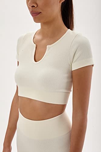 Laura Lily - Conjunto de ropa deportiva para mujer sin costuras de canalé leggings de talle alto y top camiseta fitness para yoga y gym. Cuev Blanco-S