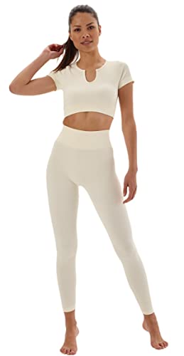 Laura Lily - Conjunto de ropa deportiva para mujer sin costuras de canalé leggings de talle alto y top camiseta fitness para yoga y gym. Cuev Blanco-S