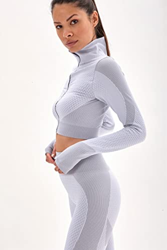 Laura Lily - Conjunto de ropa deportiva para mujer sin costuras de canalé leggings de talle alto y top camiseta fitness para yoga y gym. Lon Gris Blanco-M