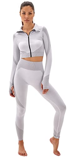 Laura Lily - Conjunto de ropa deportiva para mujer sin costuras de canalé leggings de talle alto y top camiseta fitness para yoga y gym. Lon Gris Blanco-M