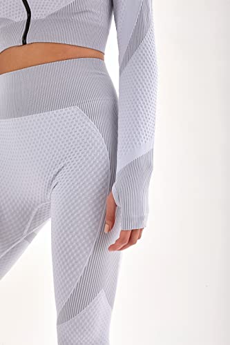 Laura Lily - Conjunto de ropa deportiva para mujer sin costuras de canalé leggings de talle alto y top camiseta fitness para yoga y gym. Lon Gris Blanco-M