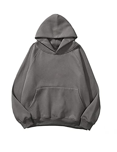 Lauweion Sudadera básica de forro polar con capucha para mujer, manga larga, bolsillo canguro, hombros caídos, parte superior, Gris oscuro, Large