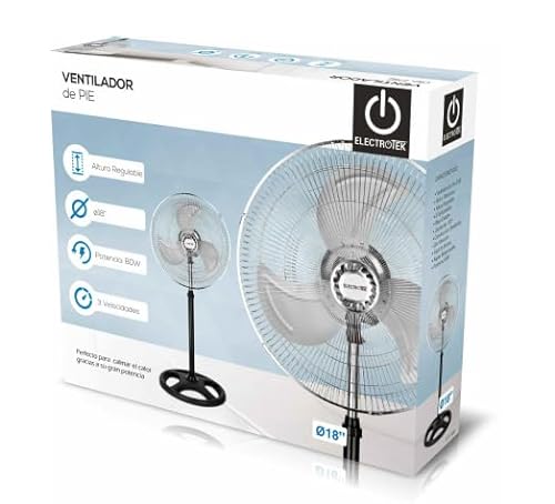 Layra Cohi - Ventilador de Pie - (ELECTROTEK) Ventilador - 18" - Resistente - Altura regulable - 3 velocidades - Oscilación de 120º - 80 W - Facil de montar - Verano - Remedio para el Calor