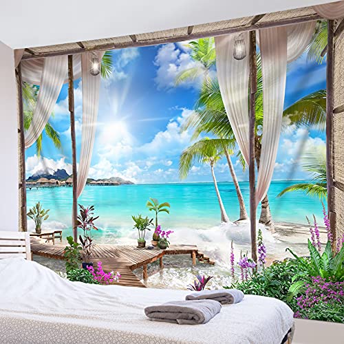 LB 235x180cm Tapiz de Pared Océano turquesa Colgar de Pared playa Tela Pared Paisaje de isla tropical desde el balcón Tapices para Sala Dormitorio Decoración Pared