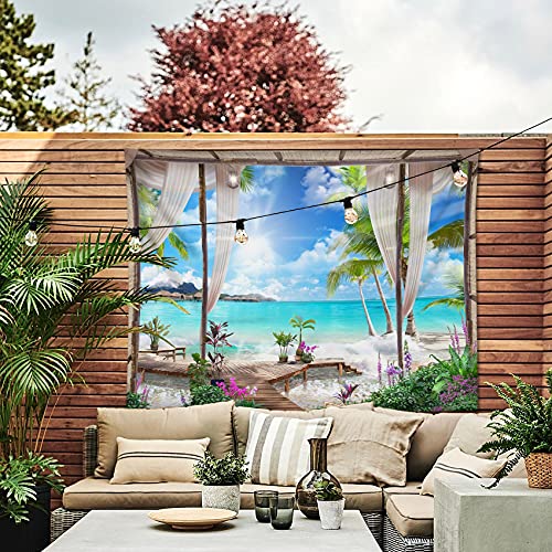 LB 235x180cm Tapiz de Pared Océano turquesa Colgar de Pared playa Tela Pared Paisaje de isla tropical desde el balcón Tapices para Sala Dormitorio Decoración Pared