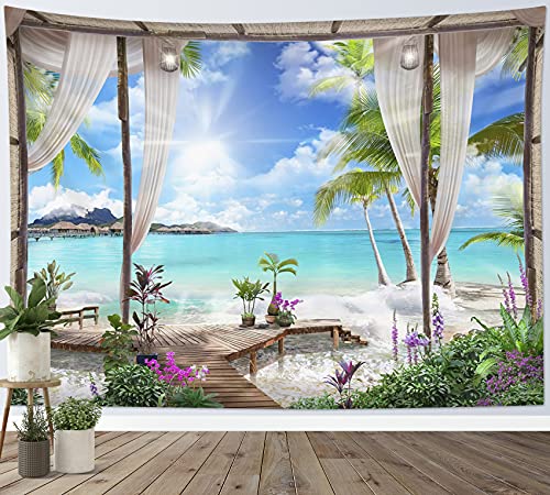 LB 235x180cm Tapiz de Pared Océano turquesa Colgar de Pared playa Tela Pared Paisaje de isla tropical desde el balcón Tapices para Sala Dormitorio Decoración Pared