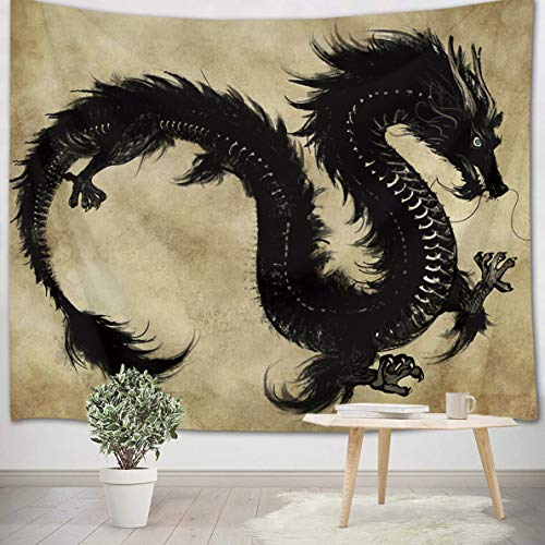 LB animal dragón negro_Tapiz colgante de pared Tapiz estampado de imagen Hoja de picnic de playa Paño de tabla Tapiz decorativo 150W x 100 H CM