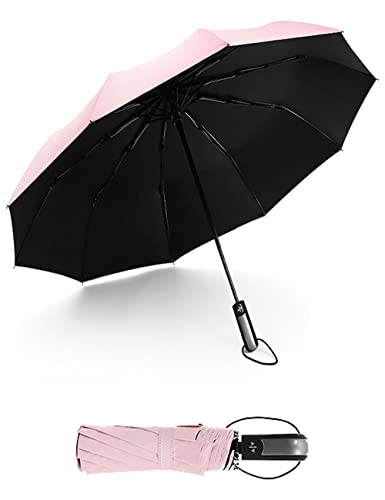 LBRWOX Sombrilla UV compacta, plegable, paraguas de viaje, apertura automática, cierre compacto, plegable, paraguas para hombre y mujer, bloqueado, Rosa.