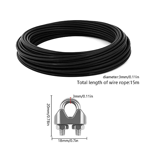 LbsAMP Cable de Alambre 15m de 3 mm de Acero Inoxidable Negro Pvc Revestido Resistente al Agua Alambre Cuerda con 4 Abrazaderas de Acero Inoxidable Alambre para Marcos de Fotos