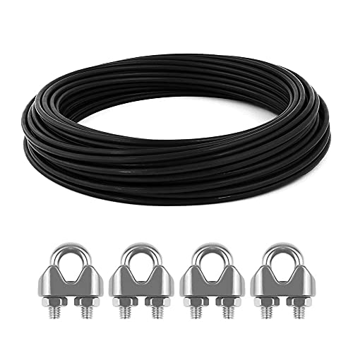 LbsAMP Cable de Alambre 15m de 3 mm de Acero Inoxidable Negro Pvc Revestido Resistente al Agua Alambre Cuerda con 4 Abrazaderas de Acero Inoxidable Alambre para Marcos de Fotos