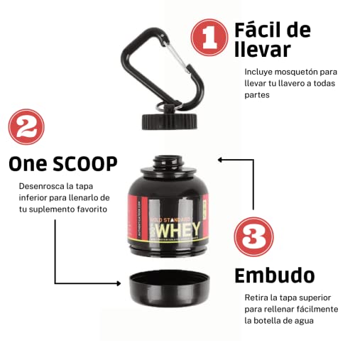 LE GARAGE Llavero Proteína Whey Portátil 100ML, Mini Bote Recipiente para llevar Suplementos de Bebida en Polvo. Contenedor Botella para Gym. Incluye Mosquetón.