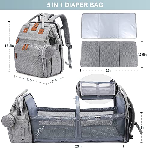 LEcylankEr Mochila Bebe de Viaje con Cambiador Bebe Portatil, Mochila Carro Bebe con Cama Plegable Desmontable, Bolsa Impermeable Multifuncional Gris para Padres, Pañaleras para Bebes Informal(Gris)