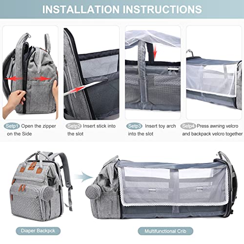 LEcylankEr Mochila Bebe de Viaje con Cambiador Bebe Portatil, Mochila Carro Bebe con Cama Plegable Desmontable, Bolsa Impermeable Multifuncional Gris para Padres, Pañaleras para Bebes Informal(Gris)