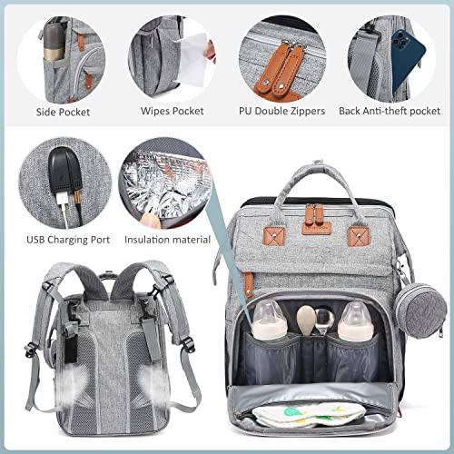 LEcylankEr Mochila Bebe de Viaje con Cambiador Bebe Portatil, Mochila Carro Bebe con Cama Plegable Desmontable, Bolsa Impermeable Multifuncional Gris para Padres, Pañaleras para Bebes Informal(Gris)