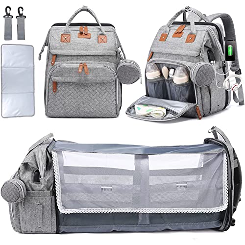 LEcylankEr Mochila Bebe de Viaje con Cambiador Bebe Portatil, Mochila Carro Bebe con Cama Plegable Desmontable, Bolsa Impermeable Multifuncional Gris para Padres, Pañaleras para Bebes Informal(Gris)