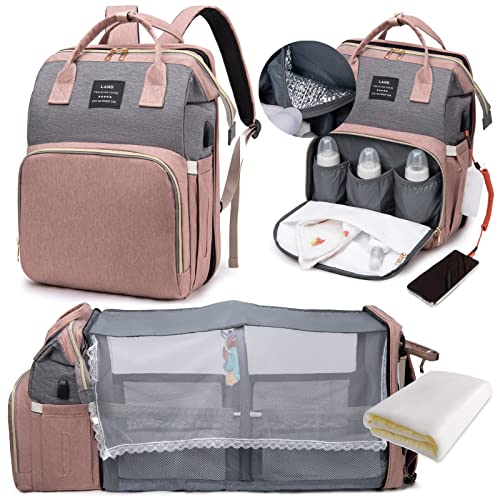 LEcylankEr Mochila para pañales con cuna – Gran mochila con cambiador y bolsa aislante, mosquitera y puerto de carga USB (rosa gris)