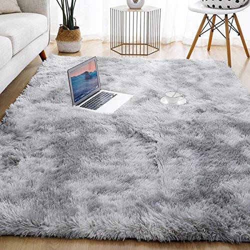 Leesentec - Alfombra, para Sala de estar, dormitorio, adolescente, niño y niña, de pelo largo, moderna, suave, antideslizante, grande (gris/blanca, 80 x 120 cm)