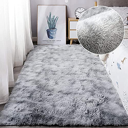 Leesentec - Alfombra, para Sala de estar, dormitorio, adolescente, niño y niña, de pelo largo, moderna, suave, antideslizante, grande (gris/blanca, 80 x 120 cm)