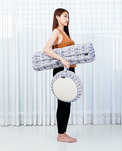 LEEWADEE Set de meditación – Cojín de Yoga Zafu y colchoneta de meditación Zabuton, Asiento tailandés de kapok Hecho a Mano, Set de 2, Azul Blanco