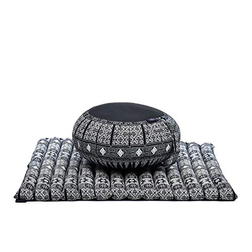 LEEWADEE Set de meditación – Cojín de Yoga Zafu y colchoneta de meditación Zabuton, Asiento tailandés de kapok Hecho a Mano, Set de 2, Negro