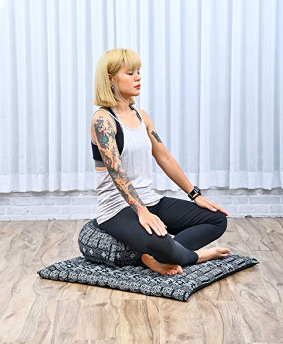 LEEWADEE Set de meditación – Cojín de Yoga Zafu y colchoneta de meditación Zabuton, Asiento tailandés de kapok Hecho a Mano, Set de 2, Negro