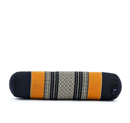 LEEWADEE Yoga Bolster pequeño – Cojín Alargado para Pilates y meditación, reposacabezas Hecho a Mano de kapok, 50 x 15 x 15 cm, Negro Naranjo