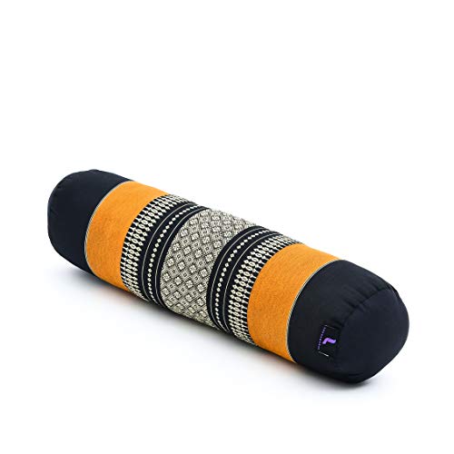 LEEWADEE Yoga Bolster pequeño – Cojín Alargado para Pilates y meditación, reposacabezas Hecho a Mano de kapok, 50 x 15 x 15 cm, Negro Naranjo