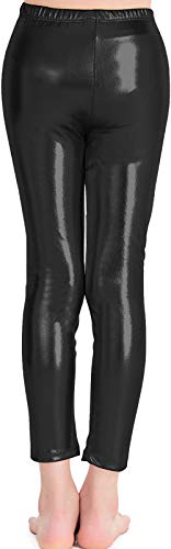 Leggings Brillantes para Niña 4-12 Años, Cintura Elástica y Largo hasta el Tobillo, Mallas para Danza Disco Jazz Baile y Fiesta (Negro, 10 años)