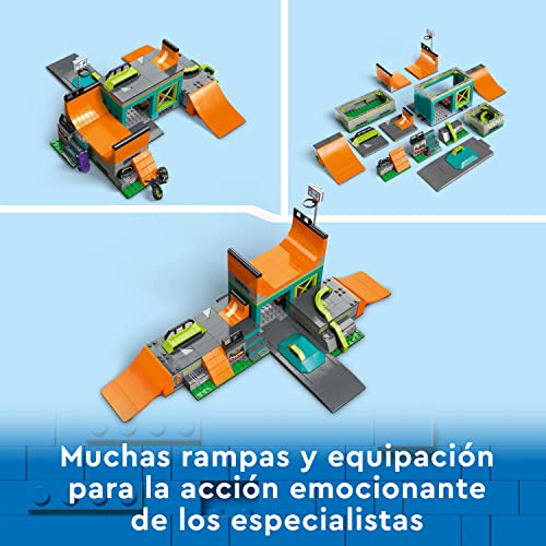 LEGO 60364 City Set de Parque de Skate Callejero, Juguete para Niños y Niñas de 6 Años en Adelante, con Bici, Skateboard, Scooter, Patines en Línea y 4 Minifiguras para Realizar Acrobacias, Set 2023