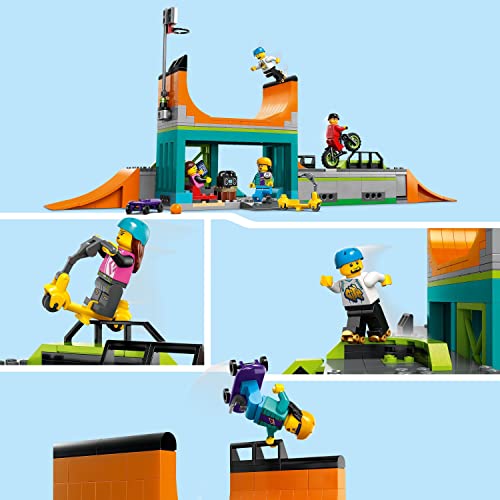 LEGO 60364 City Set de Parque de Skate Callejero, Juguete para Niños y Niñas de 6 Años en Adelante, con Bici, Skateboard, Scooter, Patines en Línea y 4 Minifiguras para Realizar Acrobacias, Set 2023