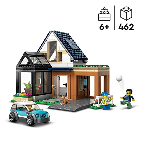 LEGO 60398 City Casa Familiar y Coche Eléctrico, Kit Modelo Modular de Casa Moderna de Muñecas para Construir con Coche de Juguete y un Cachorrito, Juguetes para Niños y Niñas a Partir de 6 Años