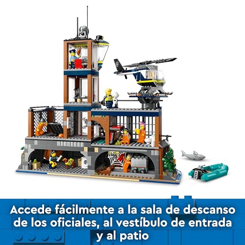 LEGO City Isla Prisión de la Policía, Regalo de Cumpleaños para Niños y Niñas de 7 Años o Más, Helicóptero, Barco, Lancha y Cárcel de Juguete, 7 Minifiguras y Figuras de Animales Perro y Tiburón 60419