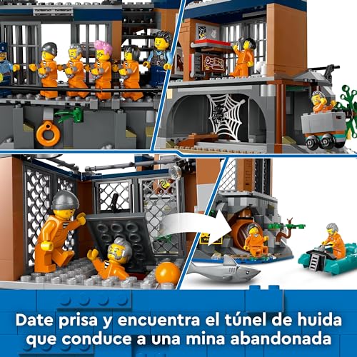 LEGO City Isla Prisión de la Policía, Regalo de Cumpleaños para Niños y Niñas de 7 Años o Más, Helicóptero, Barco, Lancha y Cárcel de Juguete, 7 Minifiguras y Figuras de Animales Perro y Tiburón 60419