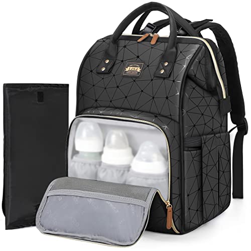 Lekespring Mochila de Maternidad con Cambiador Portátil y Correas para Cochecito de Bebe, Bolso Grande Multifuncional para Viaje Mamá y Papá -Negra-01