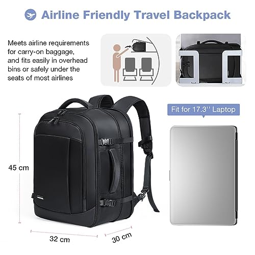 Lekespring Mochila Viaje Cabina Avion Extensible (30L-40L) | Mochila Viaje Mujer Hombre con 6 Bolsas Organizadoras- Vueling Iberia United Ryanair Air Europa - Expandible Negro