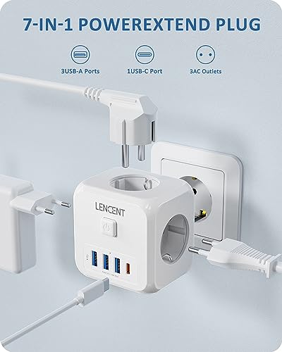 LENCENT Cubo Enchufe USB 7 en 1, Ladron Enchufes 4000W, Cubo Enchufes Múltiples Pared con 3 Tomas de CA, 3 USB, 1 Tipo C y Interruptor, Cargador USB para Oficina, Cocina y Habitación