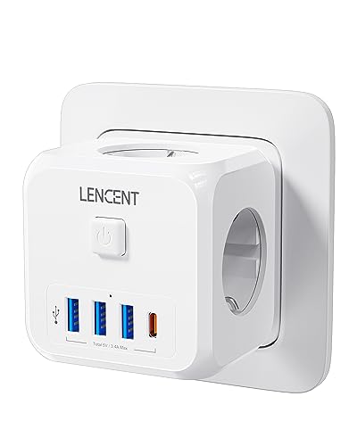 LENCENT Cubo Enchufe USB 7 en 1, Ladron Enchufes 4000W, Cubo Enchufes Múltiples Pared con 3 Tomas de CA, 3 USB, 1 Tipo C y Interruptor, Cargador USB para Oficina, Cocina y Habitación