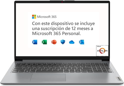 Lenovo IdeaPad 1 Gen 7 - Ordenador Portátil 15.6" FullHD (AMD 3020e, 4GB RAM, 128GB SSD, AMD Radeon Graphics, Windows 11 Home en Modo S, Microsoft 365 Personal Incluido) Gris - Teclado QWERTY Español