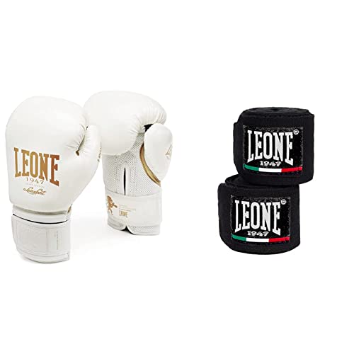 LEONE 1947 GN059 Guantes de Boxeo, Unisex – Adulto, Blanco, 12OZ + Vendas de Boxeo, Color Negro, tamaño 2,5m