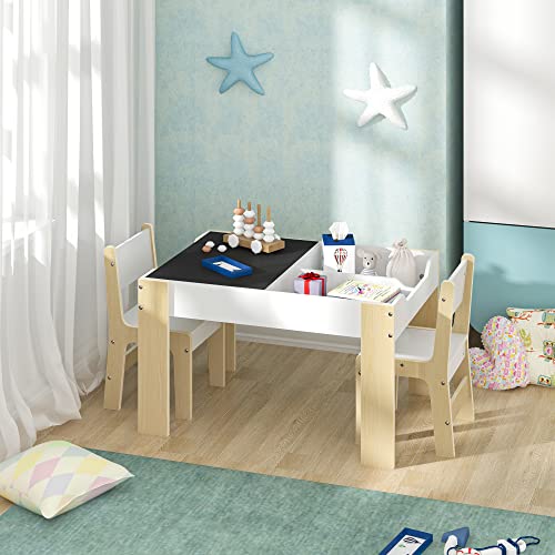 Lestarain Juego de Mesa Infantil con Cajones de Almacenamiento, Mesa Infantil con 2 Sillas de Madera Pizarra para Sala de Juegos Habitación de Niños, 81,5 x 60,5 x 48 cm, Blanco y Natural