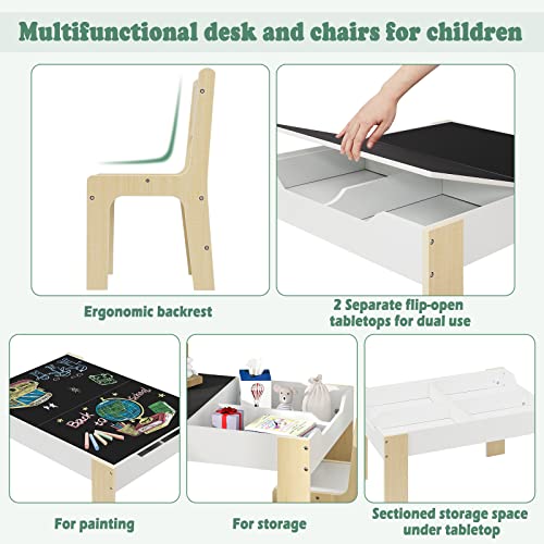 Lestarain Juego de Mesa Infantil con Cajones de Almacenamiento, Mesa Infantil con 2 Sillas de Madera Pizarra para Sala de Juegos Habitación de Niños, 81,5 x 60,5 x 48 cm, Blanco y Natural