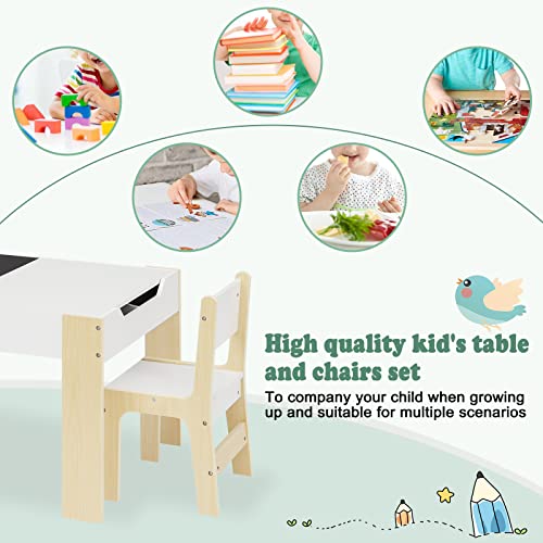 Lestarain Juego de Mesa Infantil con Cajones de Almacenamiento, Mesa Infantil con 2 Sillas de Madera Pizarra para Sala de Juegos Habitación de Niños, 81,5 x 60,5 x 48 cm, Blanco y Natural