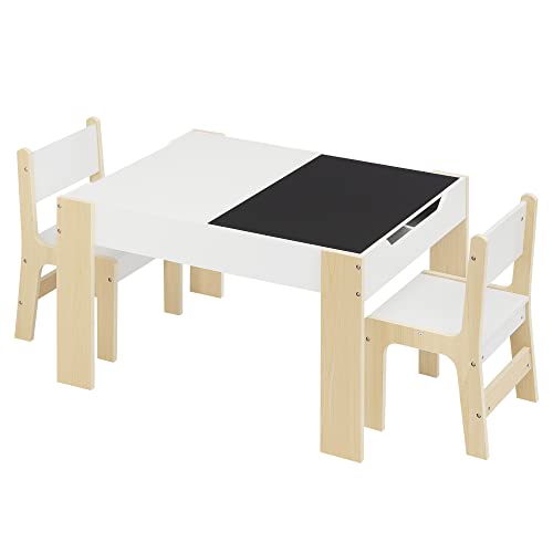 Lestarain Juego de Mesa Infantil con Cajones de Almacenamiento, Mesa Infantil con 2 Sillas de Madera Pizarra para Sala de Juegos Habitación de Niños, 81,5 x 60,5 x 48 cm, Blanco y Natural