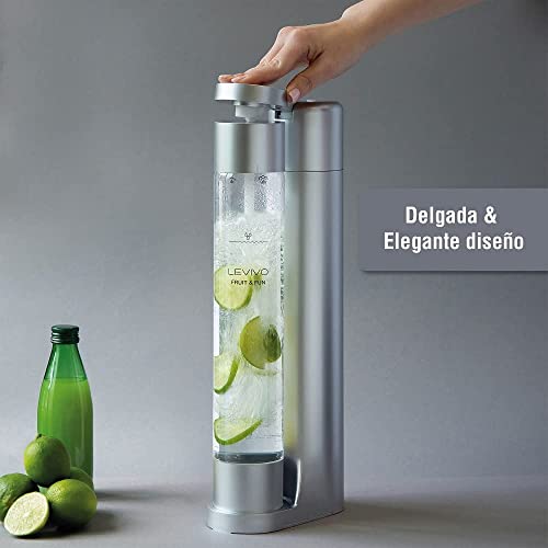 Levivo Gasificadora de agua Fruit & Fun Slim, con botella de 1 litro, gas para agua, cócteles y otras bebidas, Con tecnología AIR CHARGE y seguridad de componentes, color : Plateado