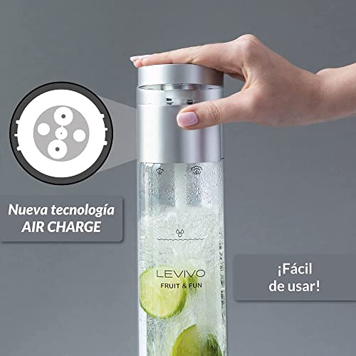 Levivo Gasificadora de agua Fruit & Fun Slim, con botella de 1 litro, gas para agua, cócteles y otras bebidas, Con tecnología AIR CHARGE y seguridad de componentes, color : Plateado