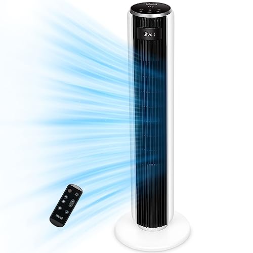 Levoit Ventilador de Torre con Mando a Distancia, Exclusivo en Amazon, Ventilador Silencioso 28dB y 39W, Oscilación 90° con 7m/s, 4 Modos 5 Velocidades, Temporizador 12 Horas, Fácil de Montar