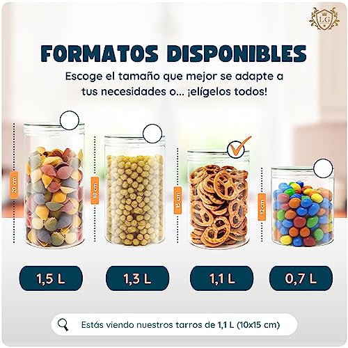 LG Luxury & Grace Pack 4 Botes de Polietileno para Cocina 1,1 L (15x10cm). Tarros de Plástico Rellenables Transparentes con Tapa Enroscable para Almacenamiento de Pasta, Chuches, Legumbres. Sin BPA.