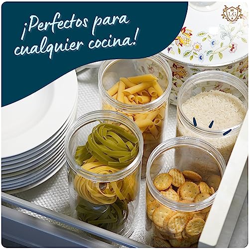 LG Luxury & Grace Pack 4 Botes de Polietileno para Cocina 1,1 L (15x10cm). Tarros de Plástico Rellenables Transparentes con Tapa Enroscable para Almacenamiento de Pasta, Chuches, Legumbres. Sin BPA.