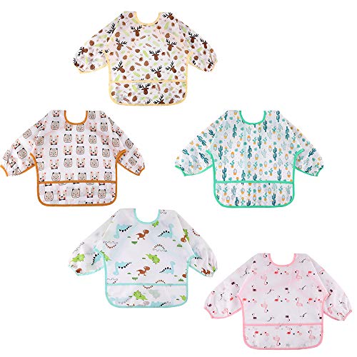 Lictin 5 Pcs Babero con Mangas Impermeable- Babero de Manga Larga con Escote Ajustable para Bebes Unisex (0-24 meses) - Multicolor